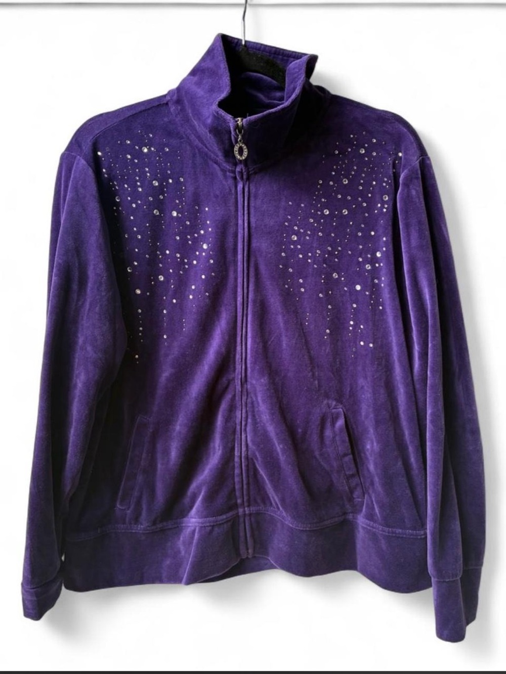 Vintage Y2K Purple velour zip up lightweight jacket mock neck rhinestones XLp